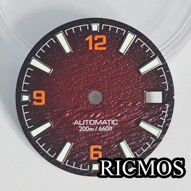 RICMOS Uhrenzifferblatt, rote Textur, grün leuchtend, NH35-Uhrwerk - Bild 1