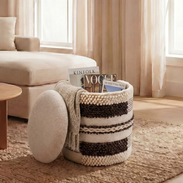 Finebuy Sitzhocker mit Stauraum aus Wolle in Beige, runder Polsterhocker mit Strickoptik, Durchmesser: 40 cm - Bild 1