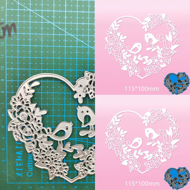 Metall Stanzform für Scrapbook mit Motiven Straßenlaterne Parkbank Wort Herz Vögel und Weihnachtsbaum in Silber - Bild 3
