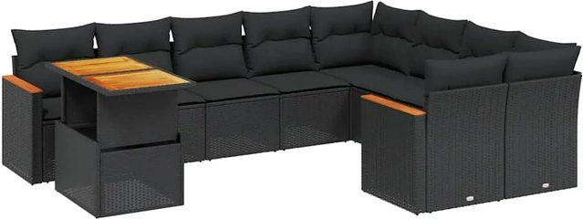 vidaXL 10-tlg. Garten-Sofagarnitur in L-Form aus Polyrattan und Akazienholz mit Kissen in Schwarz - Bild 1
