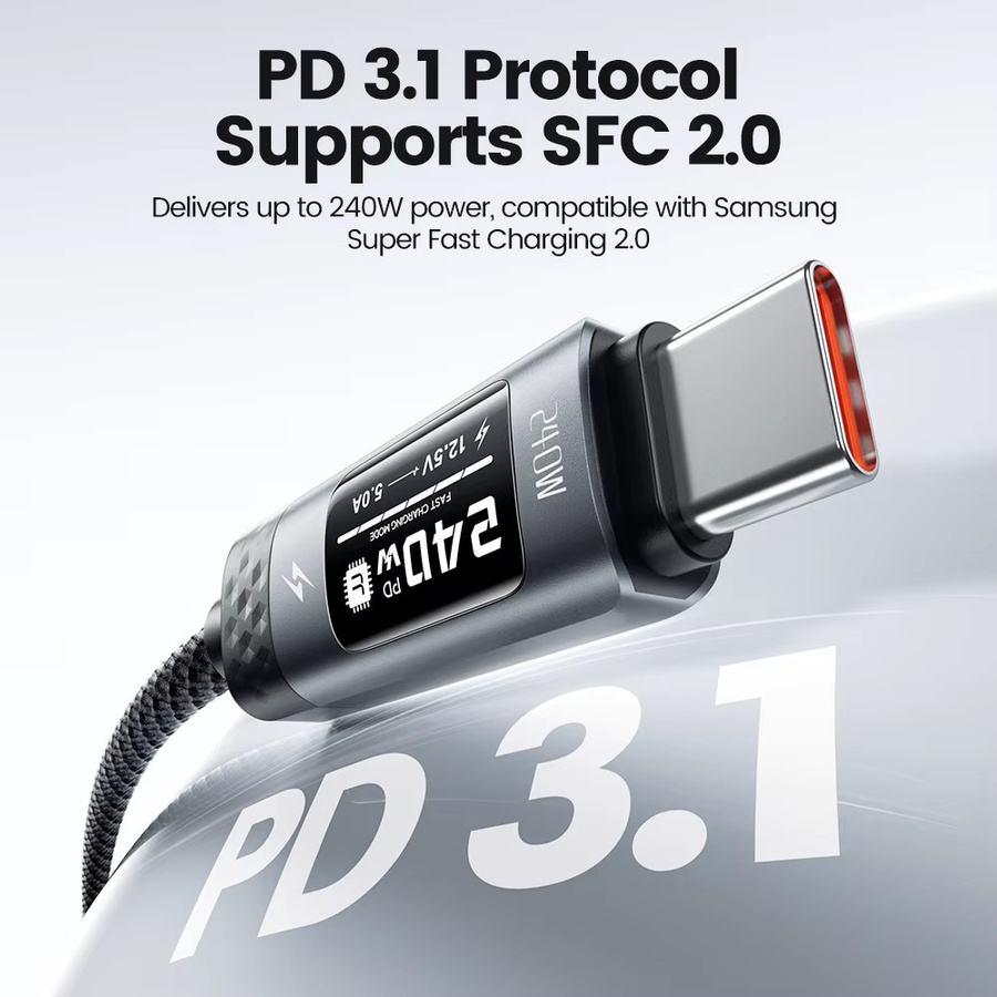 Toocki TX111C4 USB-C auf USB-C Schnellladekabel mit 240 W, PD3.1 SFC2.0 und OLED-Digitalanzeige, Schwarz - Bild 3