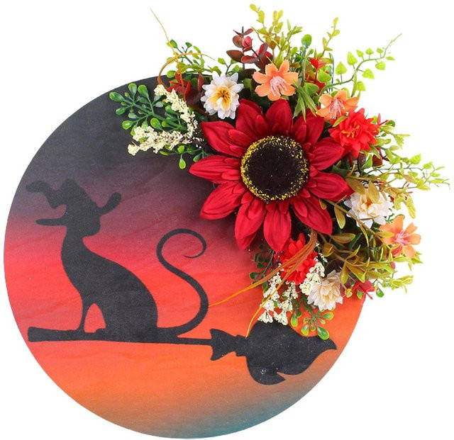 Ammoon Halloween Türhänger Mond Katze Kranz mit Kunstblumen in Schwarz und Multicolour - Bild 1