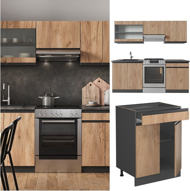 Vicco Küchenzeile R-Line J-Shape in Anthrazit und Eiche, moderne Einbauküche mit 200 cm Breite - Bild 1