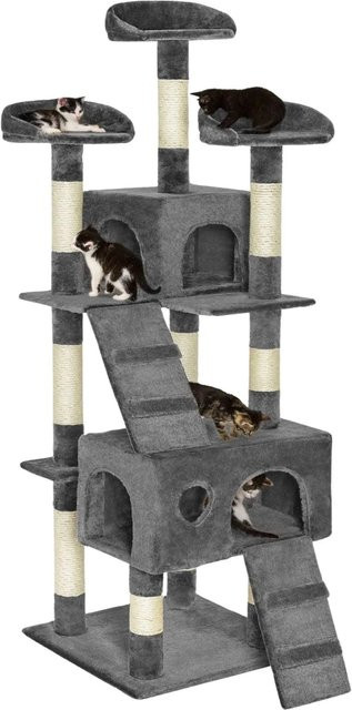 tectake Kratzbaum Mogli mit 2 Katzenhäusern und 2 Treppen in Grau, H x B x T: 170 x 60 x 60 cm - Bild 2