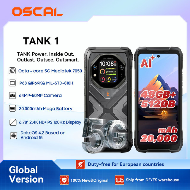 OSCAL TANK 1 5G Robustes Smartphone mit 20000mAh, 6,78 Zoll FHD+ 120Hz Display, 256 GB Speicher, Android 15, GPS und NFC in Orange oder Black - Bild 1