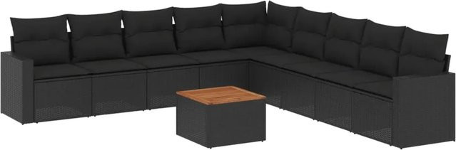 vidaXL 10-tlg. Garten-Sofagarnitur in L-Form aus Polyrattan und Akazienholz mit Kissen, Schwarz - Bild 1