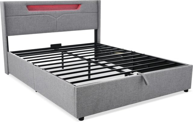okwish Polsterbett Grau mit LED-Beleuchtung, USB-Anschluss und Stauraum, B/T/H: 160 x 200 x 107 cm (ohne Matratze) - Bild 1