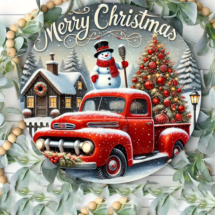 Rustikales Frohe Weihnachten Wandschild von Potdemiel aus Metall und Eisen mit Schneemann und rotem LKW, Durchmesser: 20,3 cm - Bild 4