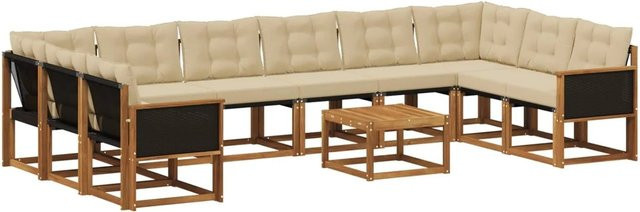vidaXL Outdoor-Sofagarnitur L-Form aus Massivholz Akazie mit 11 Textilene Kissen in Natur und Beige - Bild 1