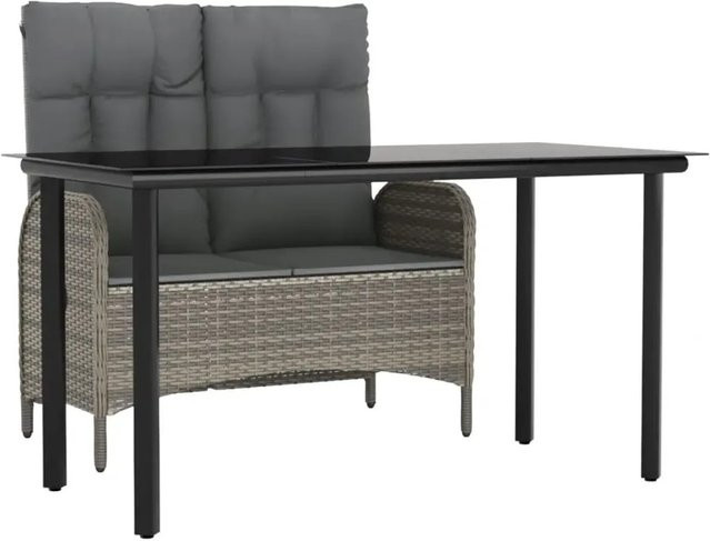 vidaXL 2-teilige Garten-Essgruppe aus Poly Rattan mit Tisch und Bank, Grau, mit gehärtetem Glas und Kissen - Bild 1