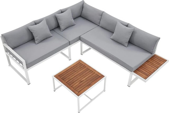 Juskys Gartenmöbel Lounge St. Tropez Set in Weiß und Hellgrau mit Tisch, Sofa und Kissen aus Akazienholz und pulverbeschichtetem Stahl - Bild 1