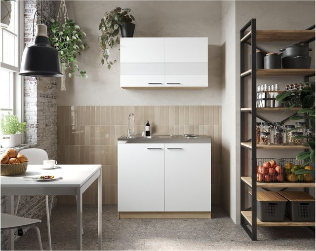 Respekta Pantry-Küche Merle in Weiß und Eiche mit Glaseinlagen, B/H/T: 100 x 200 x 60 cm - Bild 1