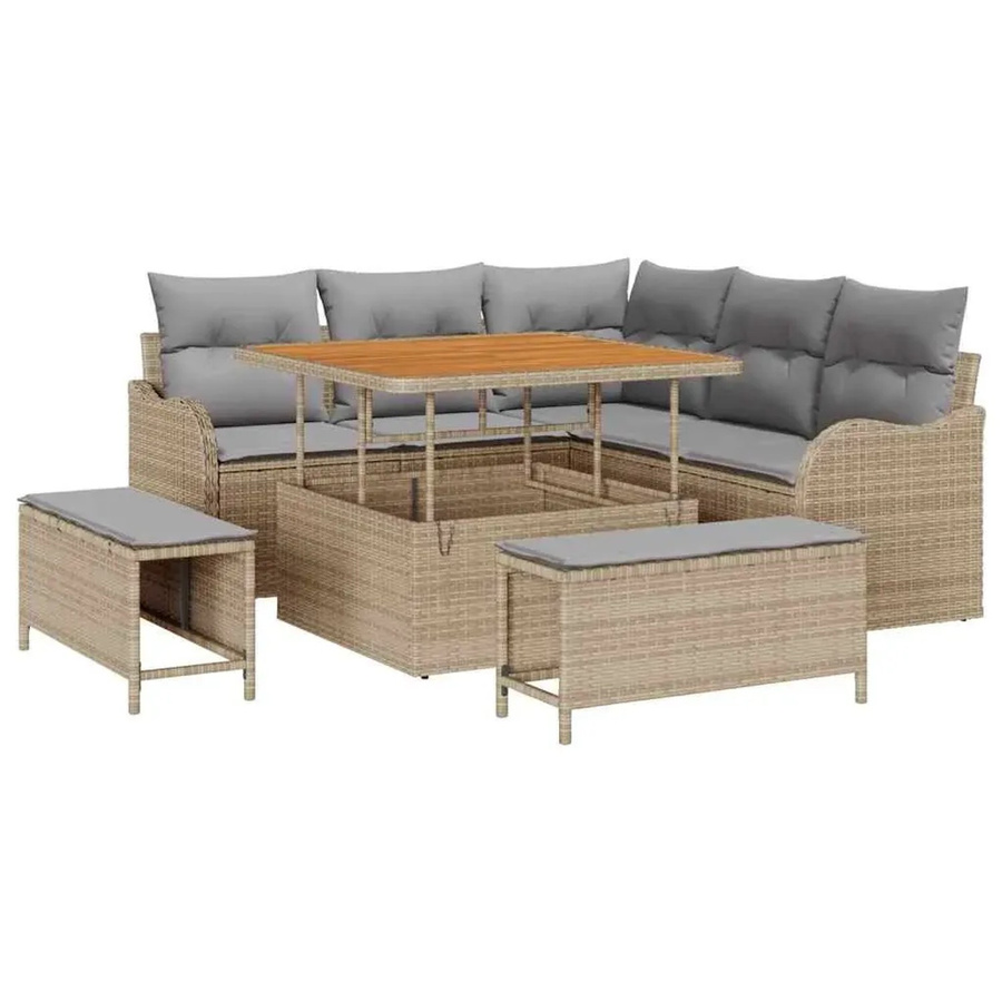 vidaXL Garten-Sofa-Set 8-teilig in Beige aus Poly-Rattan und Akazienholz mit Tisch und Hockern - Bild 2