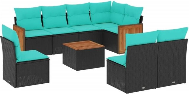 vidaXL 9-tlg. Gartensofa-Set aus Polyrattan in Schwarz mit Kissen und Couchtisch für Terrasse und Garten - Bild 1