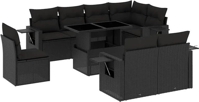 vidaXL 9-tlg. Garten-Sofagarnitur in L-Form aus schwarzem Poly-Rattan mit Kissen und pulverbeschichtetem Stahlgestell - Bild 1