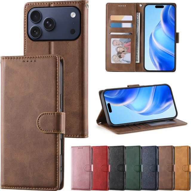 Aierkeba Business Leder Flip Case mit Kartenfach für iPhone 11 bis iPhone 17 Pro Max in Blau und Braun - Bild 1