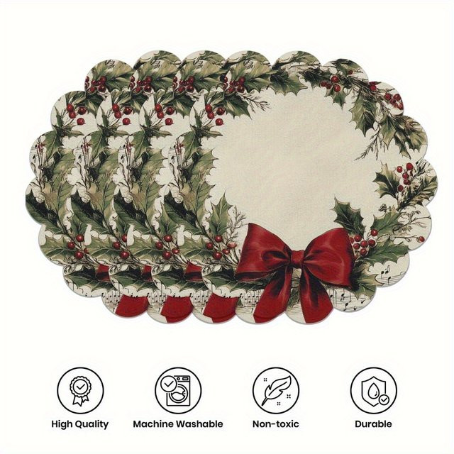 VIKAMA 4er-Set Weihnachts-Tischdeko mit Holly Berry Motiv und Wellenrand in Mehrfarbig - Bild 1