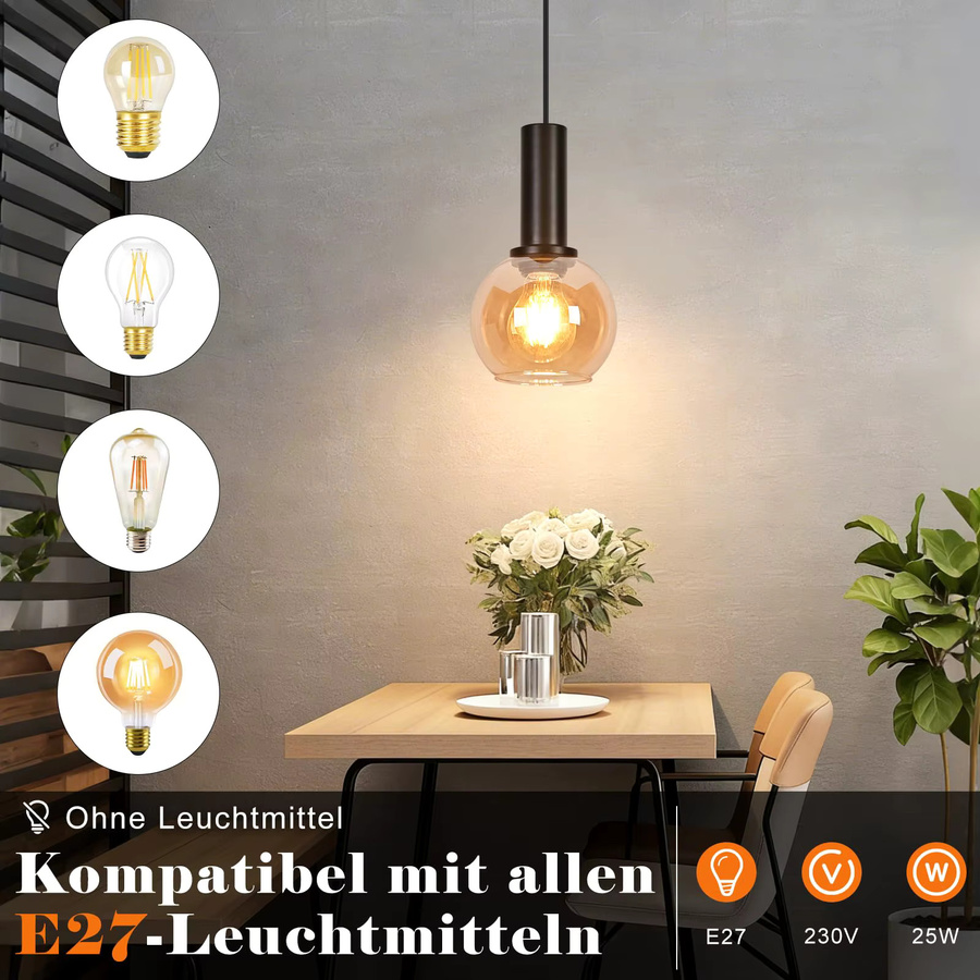 Vintage Pendelleuchte aus Glas und Metall in Schwarz und Transparent, höhenverstellbare Hängelampe im Retro-Design für Esszimmer und Schlafzimmer mit E27 Fassung - Bild 5