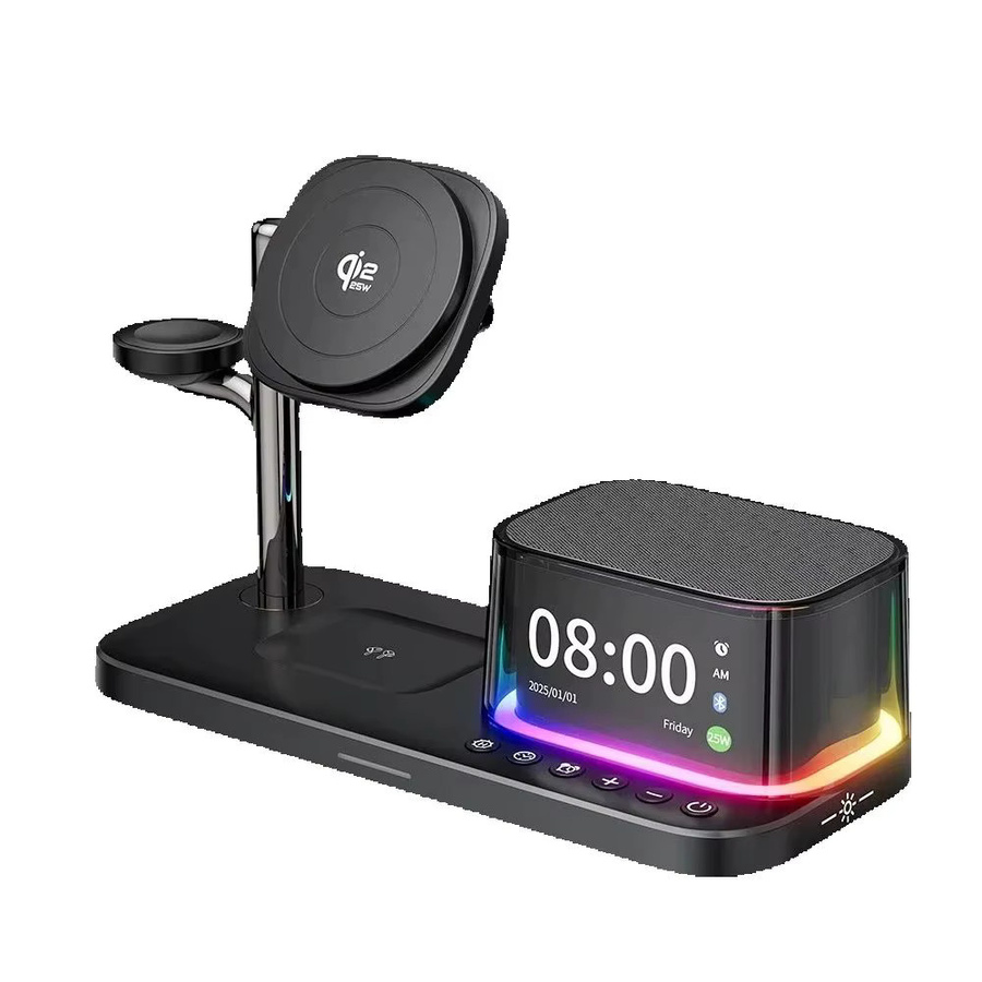XIKCU 5-in-1 Magnetisches Kabelloses Ladegerät mit Bluetooth-Lautsprecher und Schnellladefunktion für iPhone, Apple Watch und AirPods in Schwarz oder Weiß - Bild 4