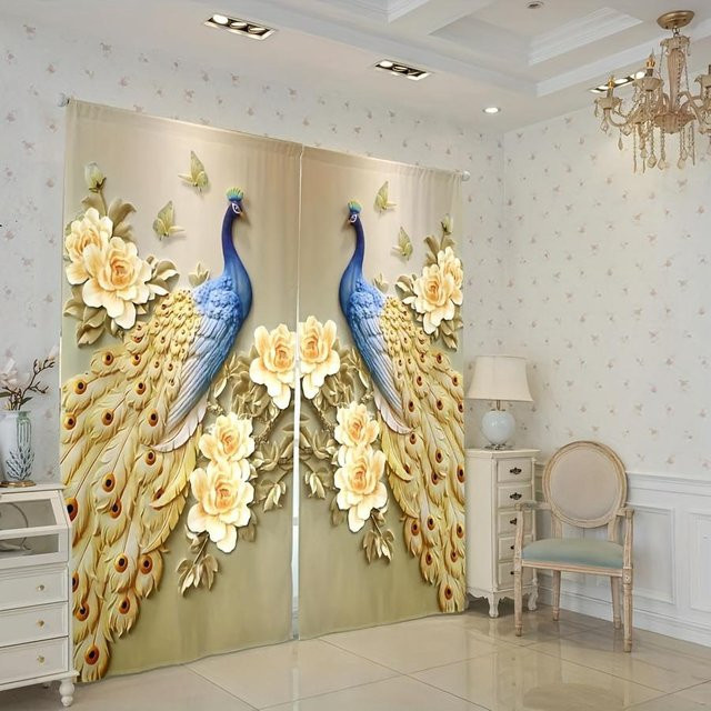 2er-Set Vorhang mit Pfauen-Print von Yiran Furniture, beige, semi-transparent, B: 70 cm, H: 185 cm - Bild 1