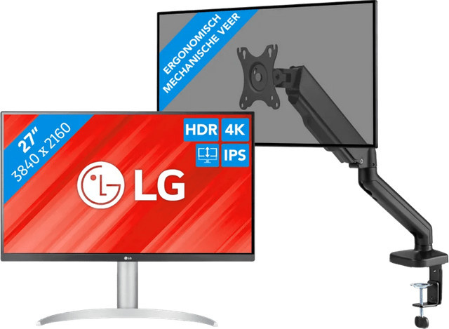 LG 27UP83AK-W 4K UHD Monitor mit BlueBuilt Gasfeder-Monitorhalterung für 1 Monitor in Schwarz und Weiß - Bild 1