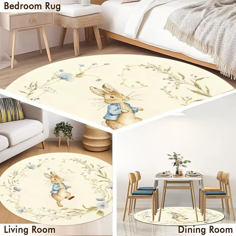 VIKAMA Peter Rabbit Rundteppich mit Aquarell-Blumenmuster im französischen Landhausstil, Multicolour, Durchmesser: 80 cm - Bild 2