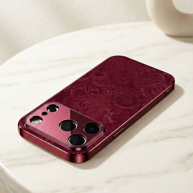 ECOCASE Handyhülle für iPhone 17 16 15 14 13 12 11 Pro Max 16E mit roter galvanisierter Glasschale im Burgunder Paisley Design - Bild 1
