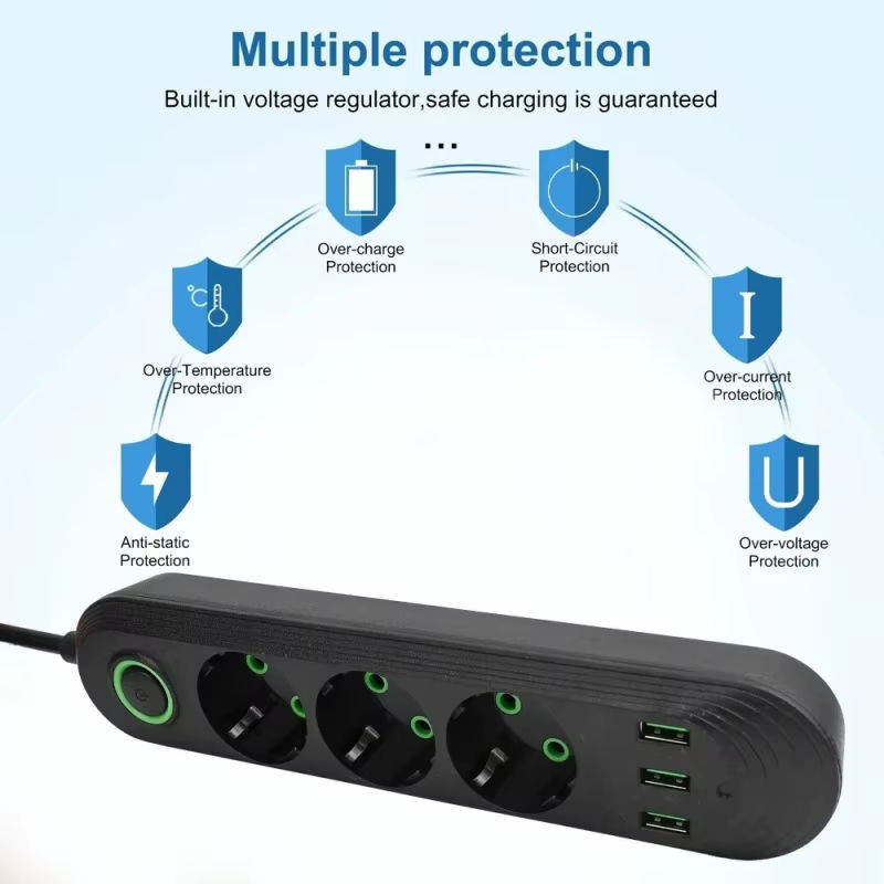 AXUS Steckdosenleiste in Schwarz mit 3 USB-Anschlüssen und 2m Verlängerungskabel, Mehrfachsteckdose bis 2500W mit EU-Stecker - Bild 3