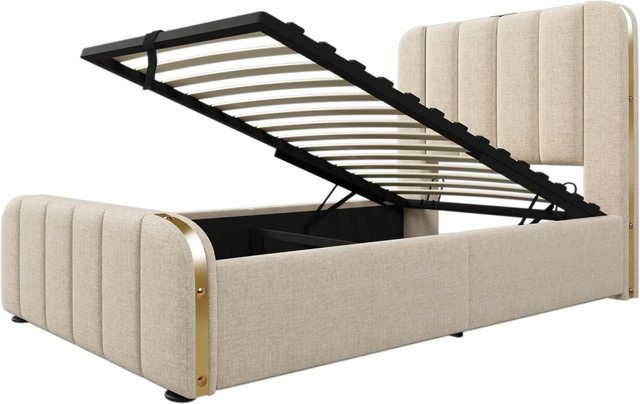 Merax Polsterbett mit Hydraulik und USB-C Anschluss in Beige mit Leinenoptik, B/T: 90 x 200 cm - Bild 1