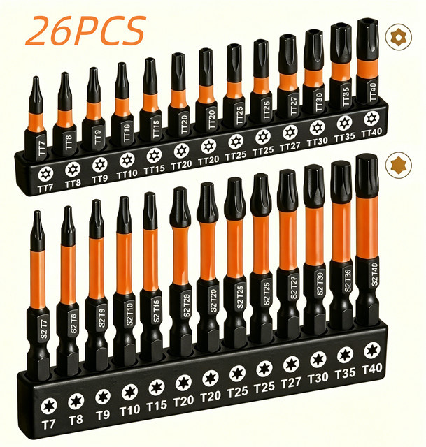 ZUOMU 26-teiliges Schlag-Torx-Bit-Set aus S2-Stahl mit Sicherheitsstern-Bits T7-T40 und CNC-gefrästen Spitzen in 1" und 2" Längen - Bild 1