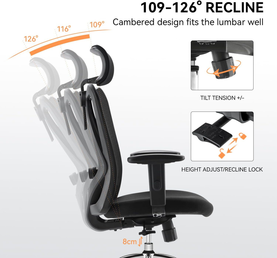 SIHOO M18 Ergonomischer Bürostuhl mit dreifacher Lendenwirbelstütze, Netzgewebe und Rollen in Schwarz - Bild 2