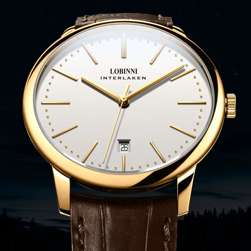 Lobinni Armbanduhr, Automatik, Leder, Bicolor, Gold, Weiß, Herren - Bild 4