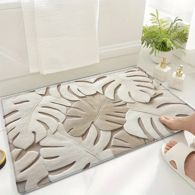 VIKAMA Geprägte Pflanzenblatt-Fußmatte in Grau und Beige, rutschfester und saugfähiger Badezimmerteppich im minimalistischen Design - Bild 1