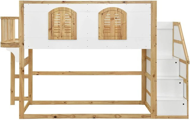 Merax Hochbett aus Massivholz mit Treppenschrank und Schubladen, Farbe Weiß Natur, B/T/H: 200 x 90 x 183,5 cm - Bild 1