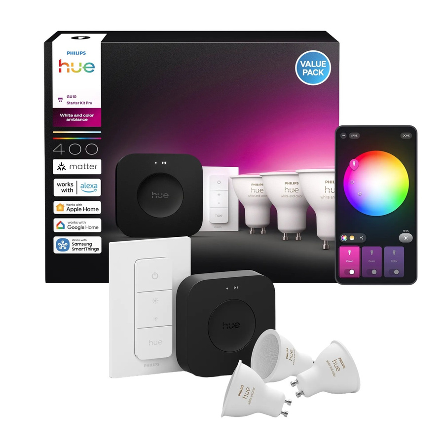 Philips Hue White & Color Ambiance Starterset mit Bridge Pro, 3 GU10 LED-Leuchtmitteln und Dimmer in Weiß - Bild 3