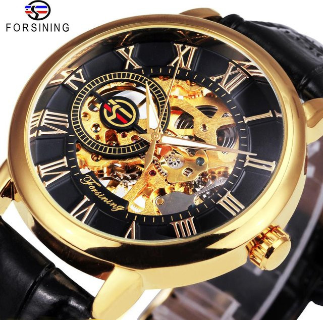 Forsining Armbanduhr, Mechanisch, Skeleton, Lederband, Herren, Schwarz, Gold - Bild 1