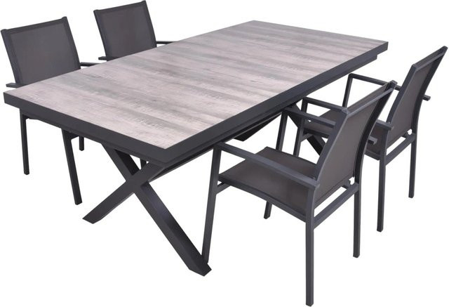 DELUKE Garten-Sitzgruppe JANA 5-teiliges Gartenmöbel-Set aus Aluminium und Keramik in Eiche-Optik Grau mit Esstisch und Stapelstühlen - Bild 1