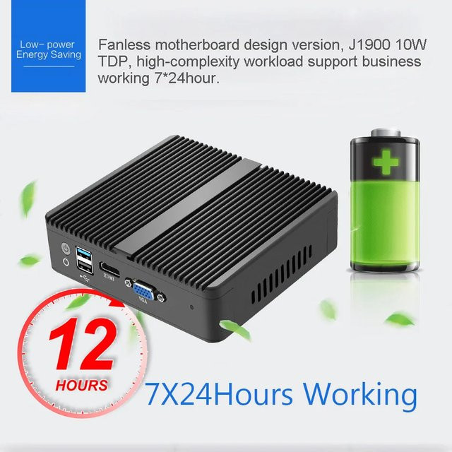 Intel Industrie-Mini-PC mit Celeron N2830/J1900, 4x 2.5G LAN, 2x USB, 1x HDMI, 1x VGA, WLAN-Unterstützung, Firewall-Gerät, Schwarz, Windows 10 kompatibel - Bild 1