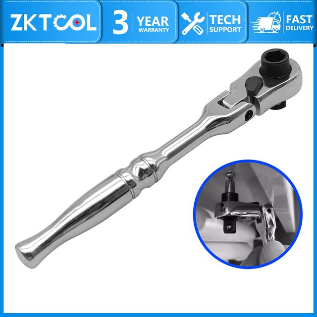 ZKTOOL Steckschlüssel mit Ratschengriff, 1/4 Zoll Antrieb, 72 Zähne, flexibler Kopf, kurz, flach/rund, Farbe: Silber - Bild 1