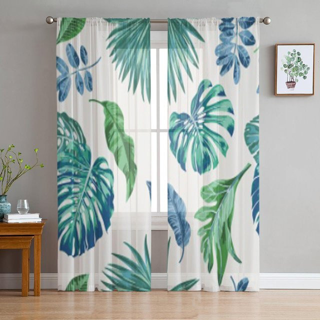 Super Six Transparentes Voile-Vorhang mit exotischem tropischem Blättermuster in Weiß und Multicolour, Breite: 135 cm, Höhe: 114 cm - Bild 1