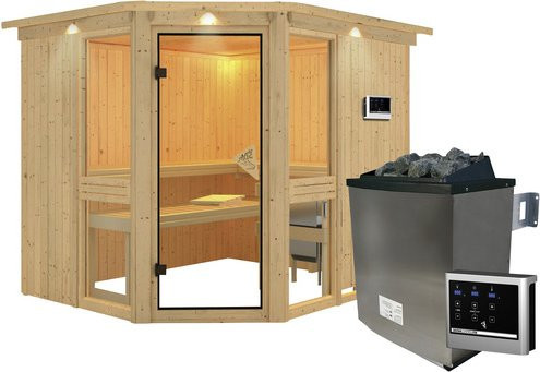 Karibu Sauna Pölva 3 aus Fichtenholz in Beige inklusive 9 kW Saunaofen mit externer Steuerung für 4 Personen, B/T/H: 245 x 210 x 202 cm - Bild 1