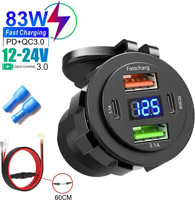 KEBETEME 83W Autoladegerät mit PD30W Schnellladung, Dual USB und Typ C Steckdose, inklusive Voltmeter, Schwarz - Bild 1