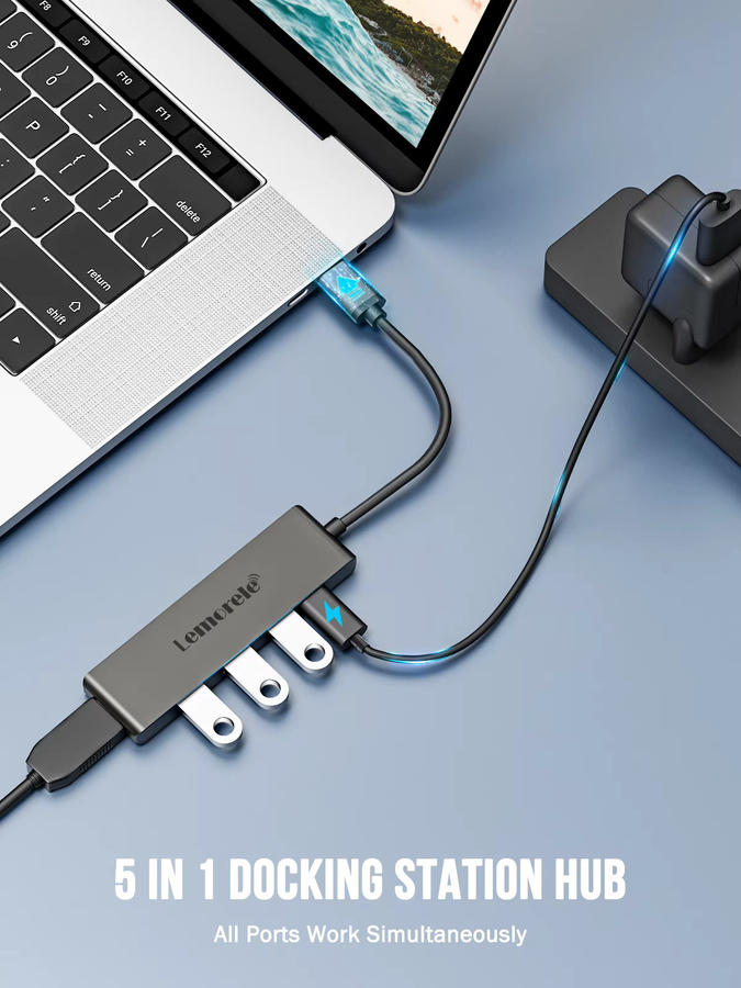 Lemorele 5-Port USB-C Laptop-Dockingstation in Grau mit 4K HDMI-Anschluss und PD-Ladefunktion - Bild 7