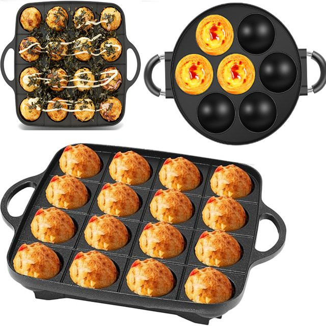 Takoyaki Pfanne aus Gusseisen mit 7/16 Löchern in Schwarz für Omelett, Kuchen und Frühstück - Bild 1
