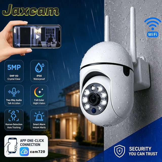 Jaxcam CAM720 Intelligente Innen-Überwachungskamera mit 5MP Auflösung, WLAN, automatischer Bewegungsverfolgung und vollfarbiger Nachtsicht in Weiß - Bild 1