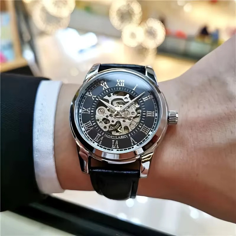 AOKULASIC Armbanduhr Automatik, Edelstahl, Leder, Schwarz, Herren - Bild 4
