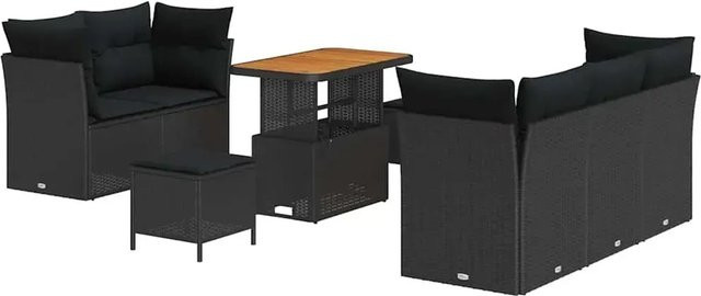vidaXL Garten-Sofa-Set aus Poly Rattan und Akazienholz in Schwarz, 8-teiliges L-Shape Lounge-Set mit Tisch und Kissen - Bild 1