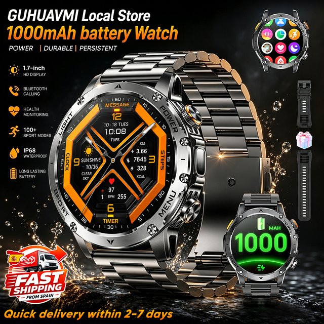 GUHUAVMI Militär-Smartwatch in Schwarz mit 1,7 Zoll Ultra-HD-Bildschirm, Bluetooth-Anruffunktion, IP68K Wasserdichtigkeit und Herzfrequenzmessung für Android - Bild 1