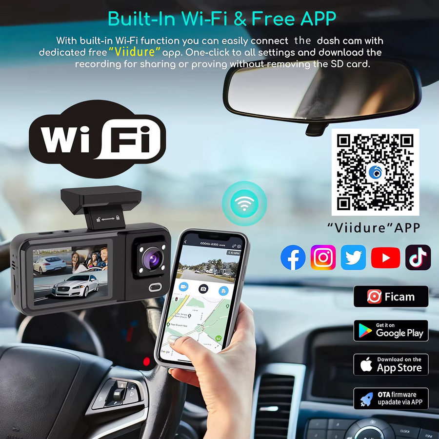 USEEBEE 3-Kamera Dashcam mit WLAN und 1080P Auflösung, Dreikanaliger Fahrzeugrekorder in Schwarz - Bild 2