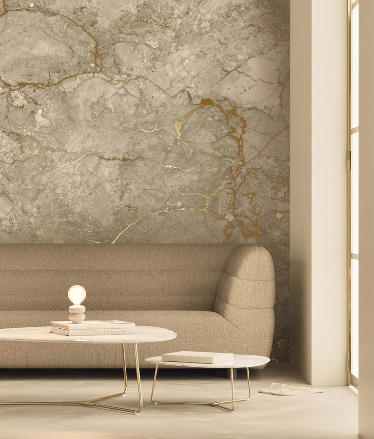 KEK Amsterdam Mural Marble Uyterlinde Wandtapete in Beige und Gold, abstraktes Design, Breite: 292 cm, Höhe: 280 cm - Bild 1